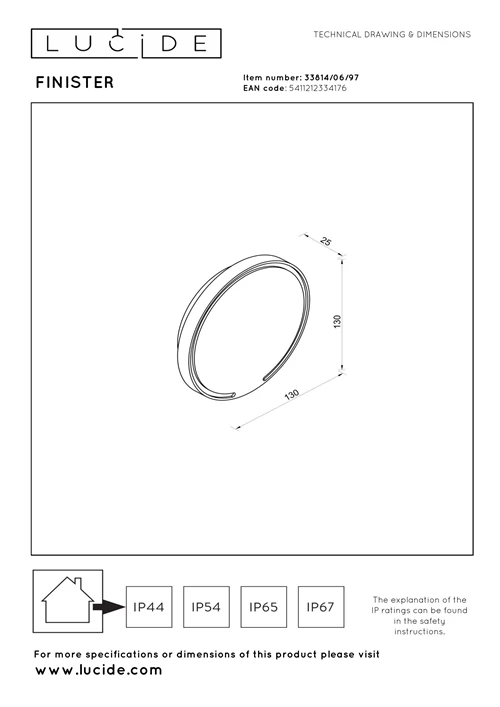 Lucide FINISTER - Applique murale Intérieur/Extérieur - Ø 13 cm - LED - 1x6W 2700K - IP54 - Rouille - Essential - technique